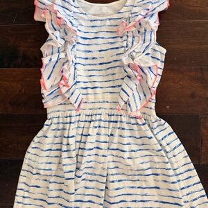 Girls White Dress with Blue Stripes and Pink Trim - Casual Ruffle Sundress